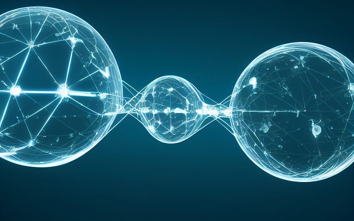 Sphères abstraites lumineuses reliées par des lignes de réseau brillantes sur fond bleu profond — image d'une activité numérique multidevise et sans frontières