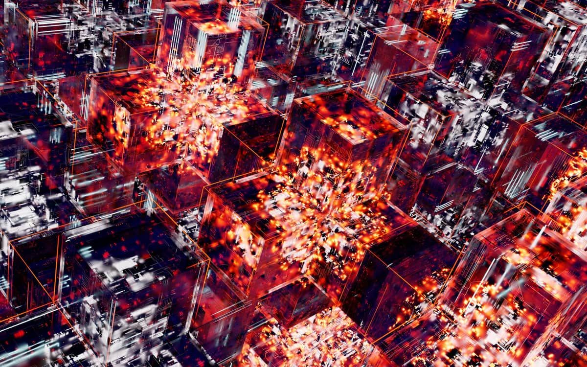 Abstract network of glowing interconnected cubes in red and amber tones — the layered structure of a Web3 business, where the corporate vehicle sits separately from regulated activity